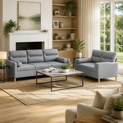 Comfortable Grey Fabric 2 Piece Sofa Set with Pillows