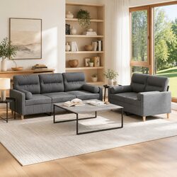 Grey Fabric 2 Piece Sofa Set with Pillows for Living Room
