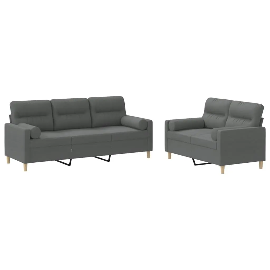 2 Piece Sofa Set Grey Fabric Couch with Pillows Comfortable Seating Living Room