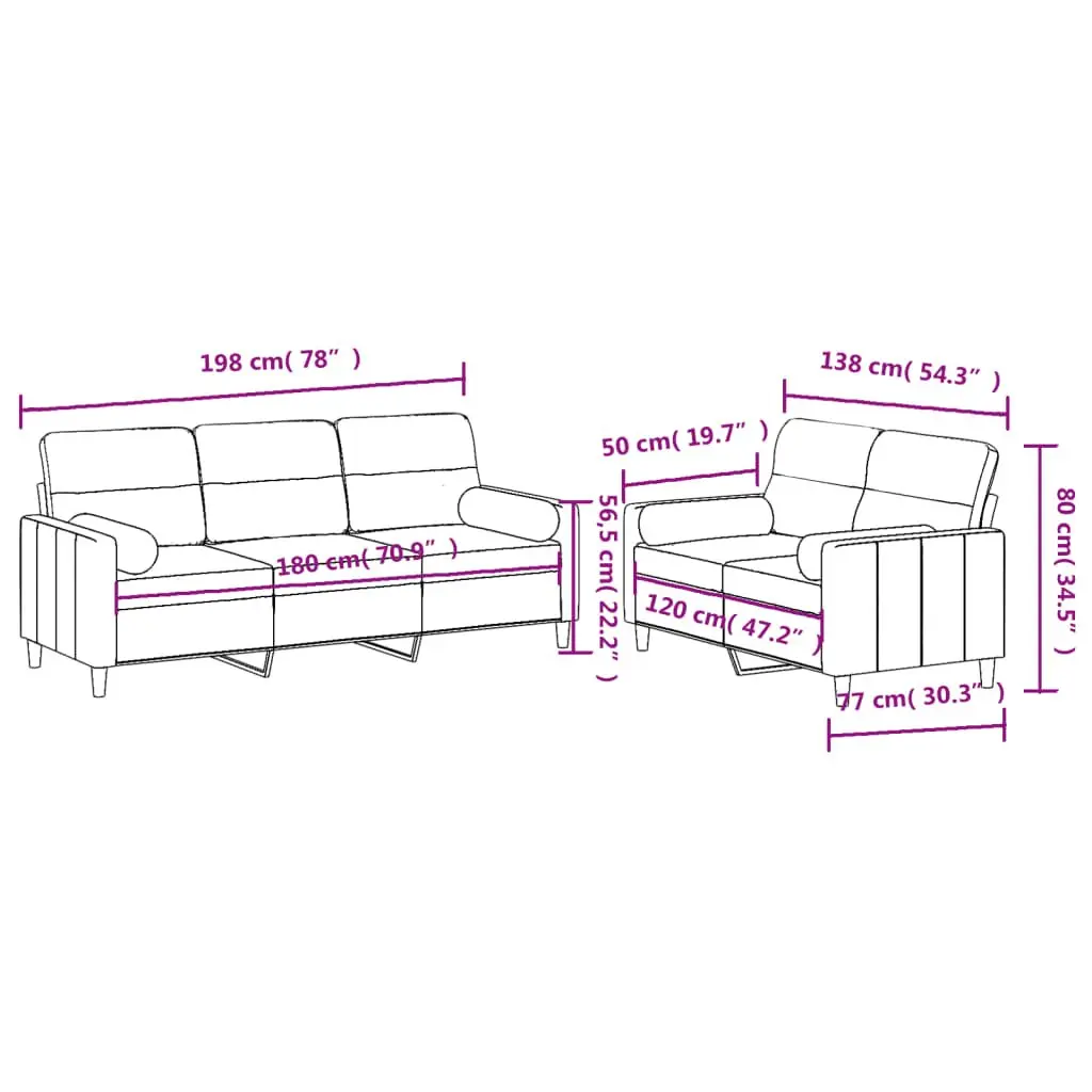 2 Piece Fabric Sofa Set Black with Roll Pillows Lounge Suite Comfortable Seating