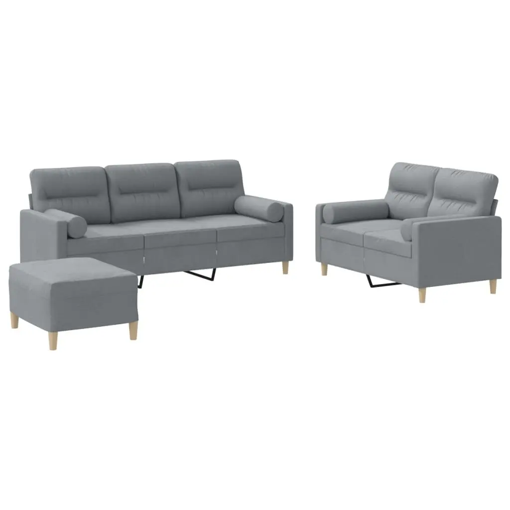 3 Piece Sofa Set Grey Fabric Couch with Pillows Footstool Living Room Furniture