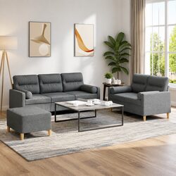 3-Piece Grey Fabric Sofa Set with Pillows and Footstool