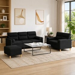 Cozy 3 Piece Black Fabric Sofa Set with Pillows
