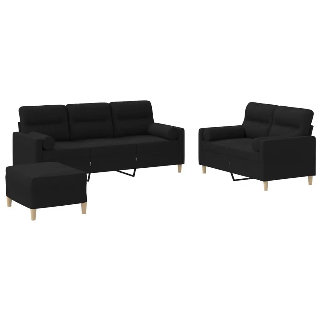 3 Piece Sofa Set Black Fabric Lounge Suite Plywood and Metal Frame Thickly Padded Seat and Armrests