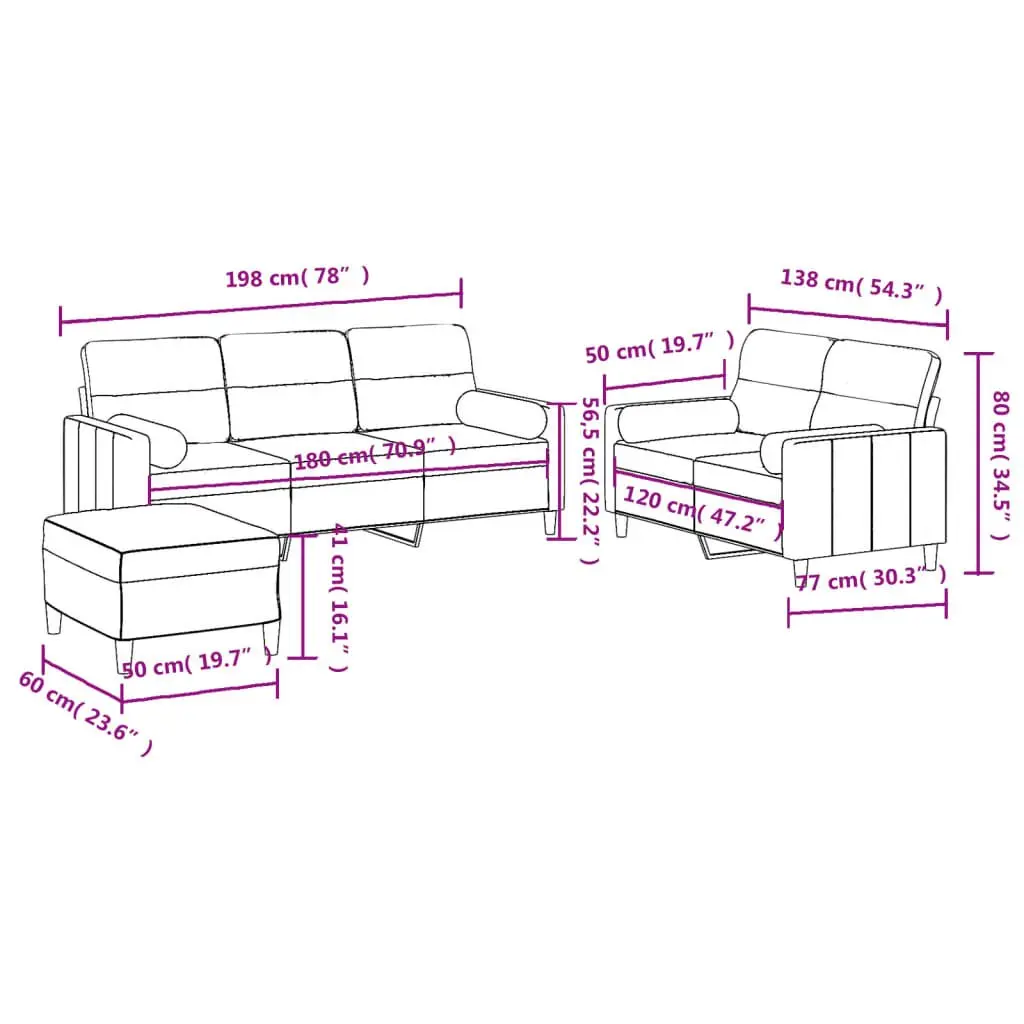 3 Piece Sofa Set Black Fabric Lounge Suite Plywood and Metal Frame Thickly Padded Seat and Armrests
