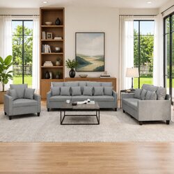 3 Piece Grey Fabric Sofa Set with Throw Pillows