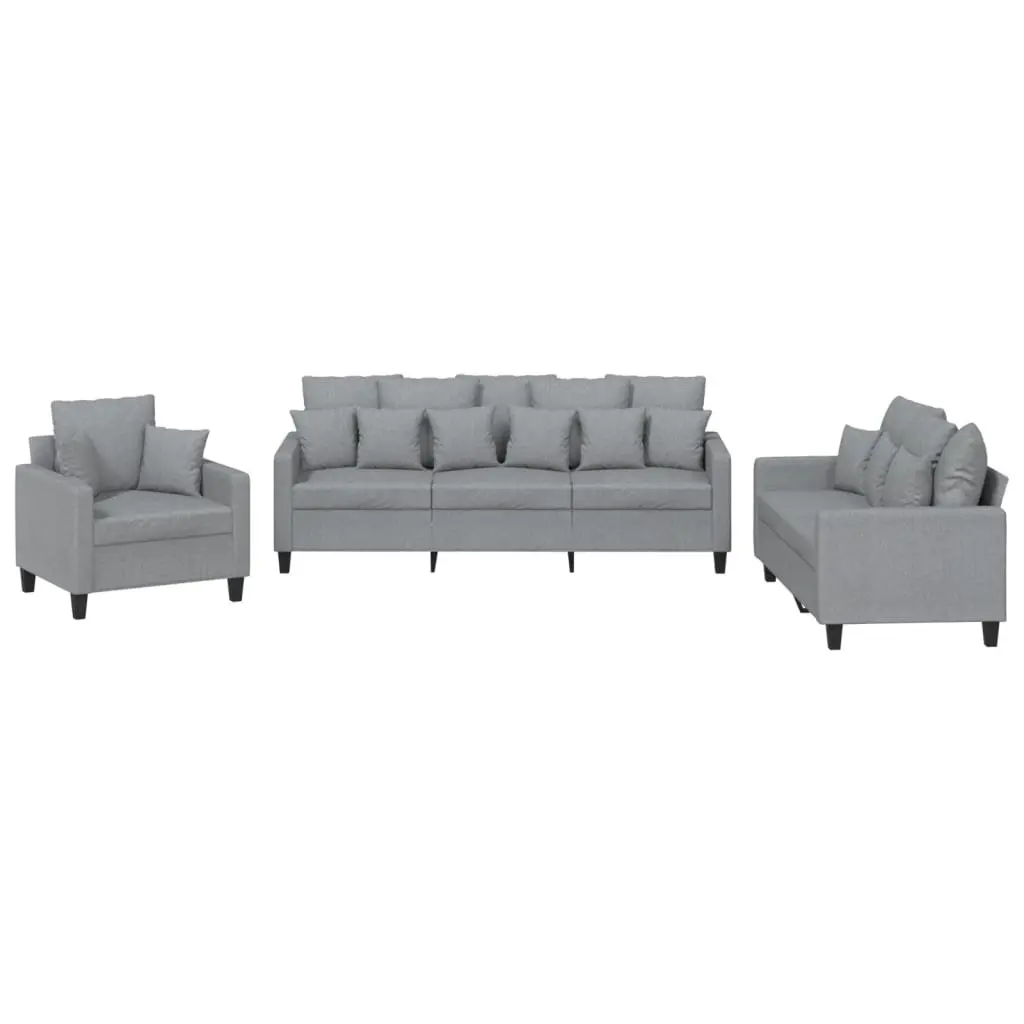 3 Piece Sofa Set Grey Fabric Lounge Suite with Throw Pillows Living Room Couch