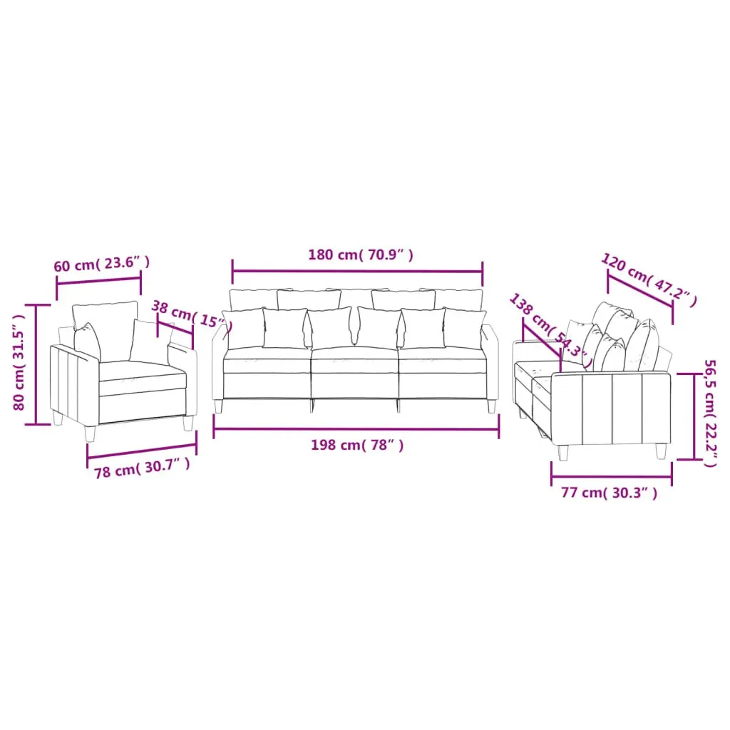 3 Piece Sofa Set Grey Fabric Lounge Suite with Throw Pillows Living Room Couch
