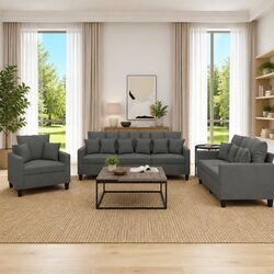 3 Piece Grey Fabric Sofa Set with Cozy Throw Pillows