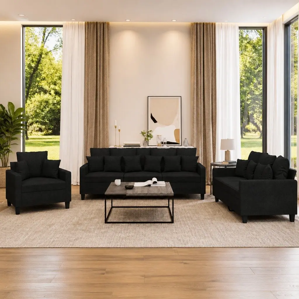 3 Piece Sofa Set Black Fabric Lounge Suite Plywood and Metal Frame