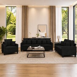 Black Fabric 3 Piece Sofa Set with Pillows
