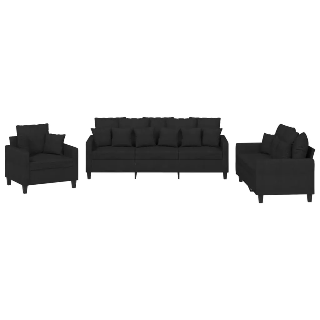 3 Piece Sofa Set Black Fabric Lounge Suite Plywood and Metal Frame