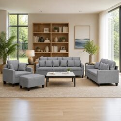 4 Piece Grey Fabric Sofa Set with Footstool and Pillows