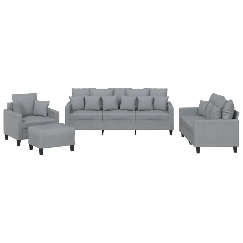 4 Piece Sofa Set Grey Fabric Living Room Couch with Throw Pillows and Footstool