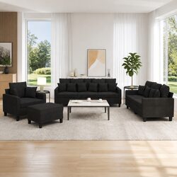Cozy Black Fabric Sofa Set with Pillows and Footstool