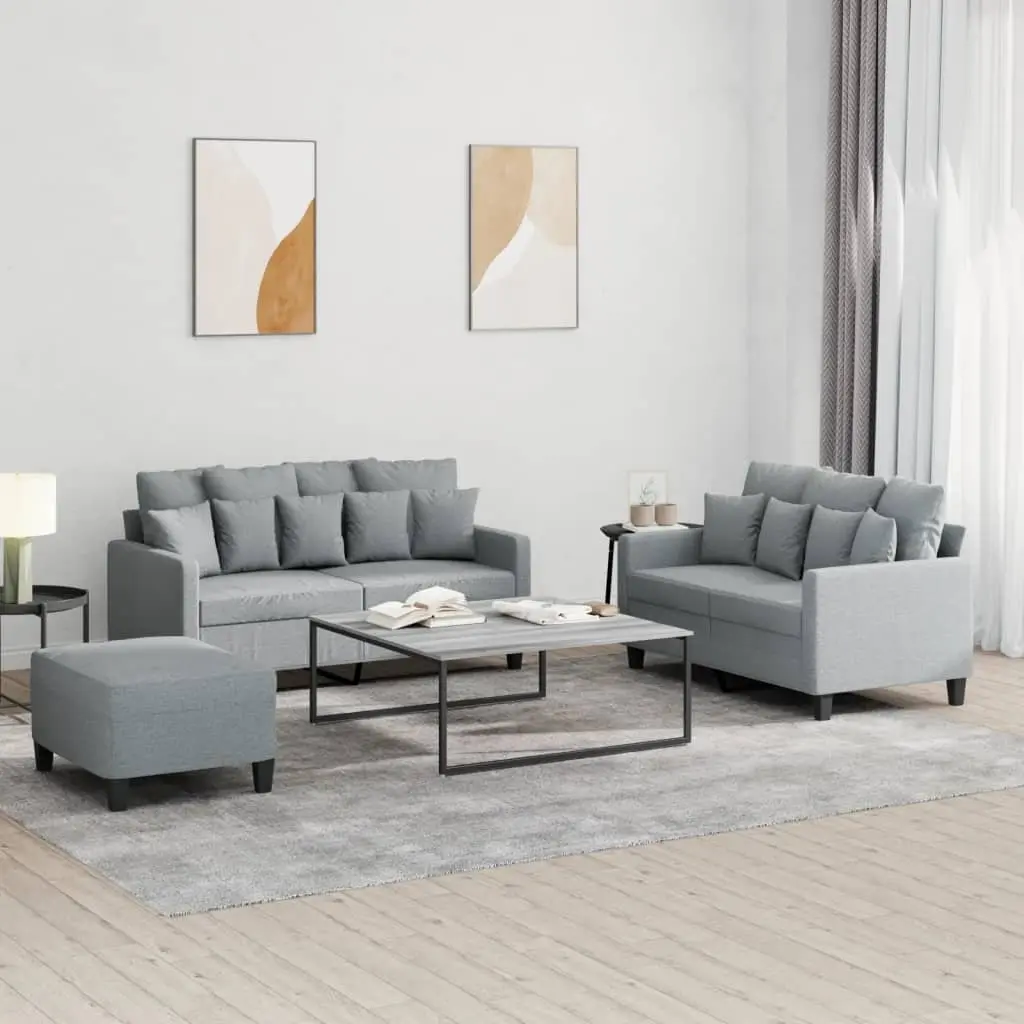 3 Piece Sofa Set Grey Fabric Contemporary Lounge with Cushions and Footstool
