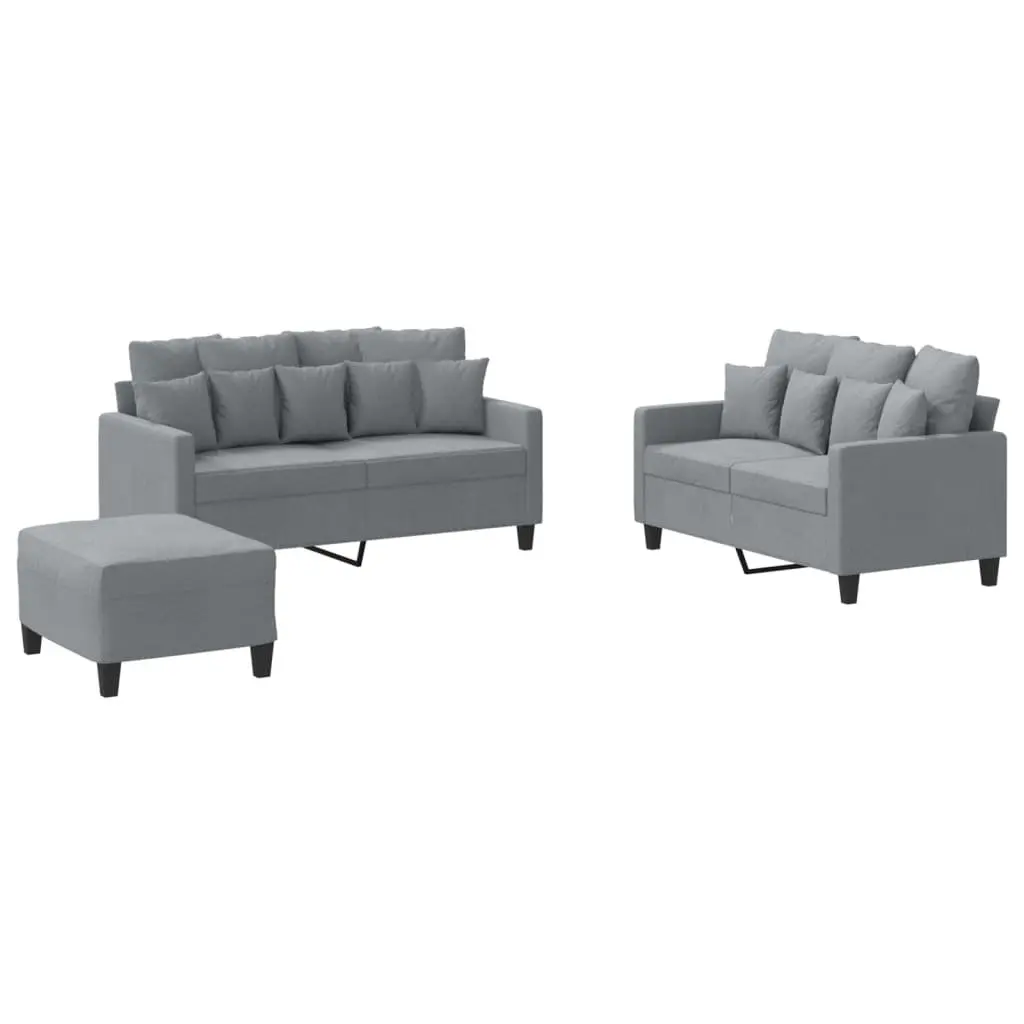 3 Piece Sofa Set Grey Fabric Contemporary Lounge with Cushions and Footstool