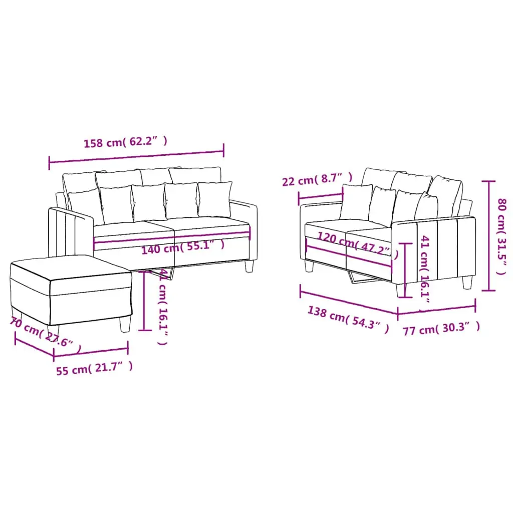 3 Piece Sofa Set Grey Fabric Contemporary Lounge with Cushions and Footstool