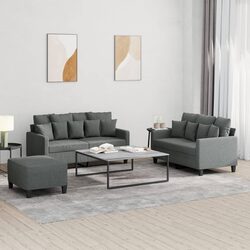 3 Piece Sofa Set Grey Fabric with Cushions Footstool Living Room Furniture