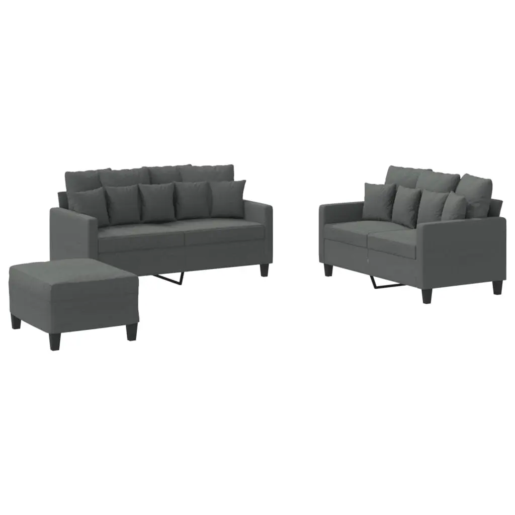 Grey Fabric Sofa Set with Cushions Padded Seating and Footstool 3 Piece Living Room Furniture