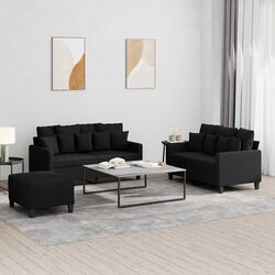 3 Piece Sofa Set with Cushions Black Fabric Lounge Couch Footstool Living Room