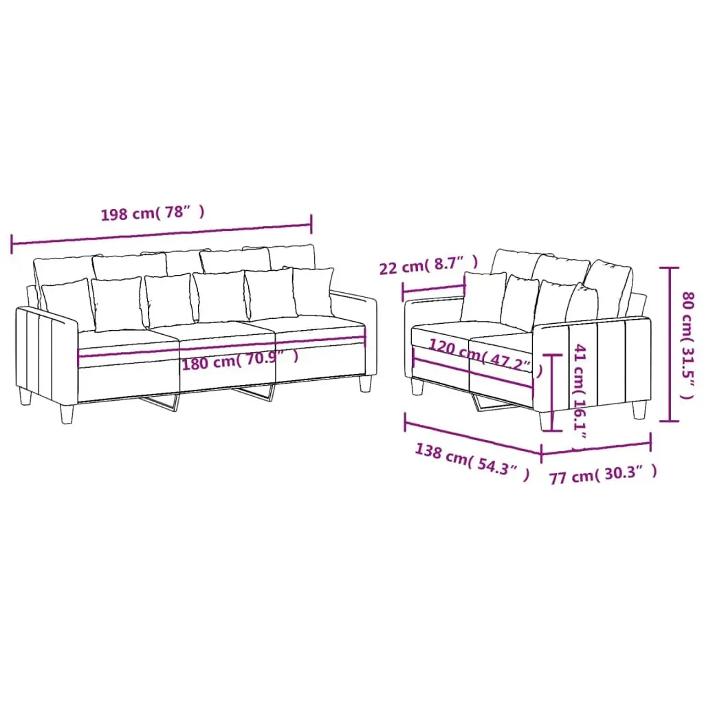 2 Piece Sofa Set Grey Fabric Padded Seating Durable Upholstery Plywood Metal Frame