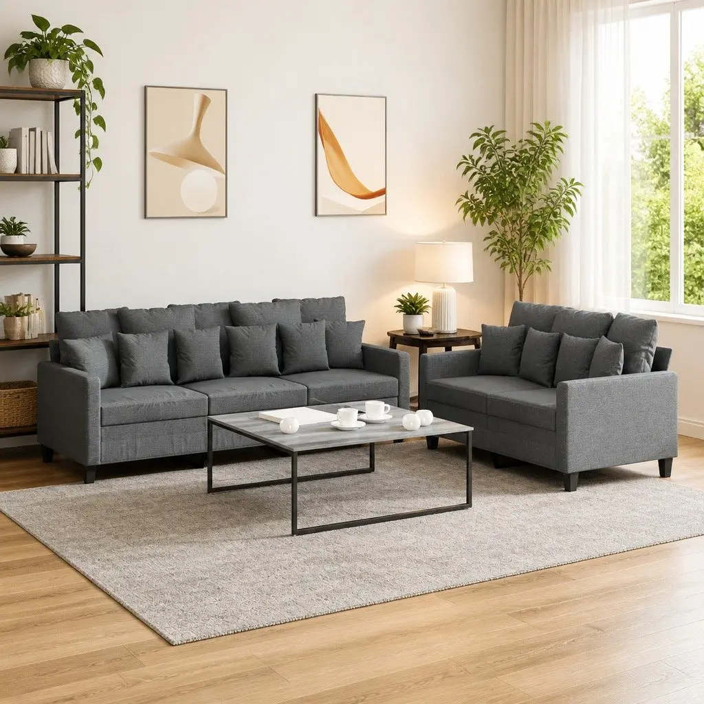 2 Piece Sofa Set Grey Fabric Couch Durable Plywood and Metal Living Room Furniture