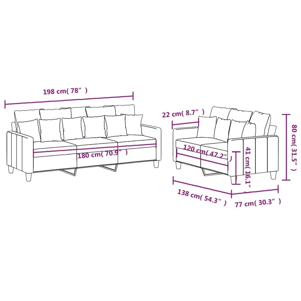 2 Piece Sofa Set Grey Fabric Couch Durable Plywood and Metal Living Room Furniture