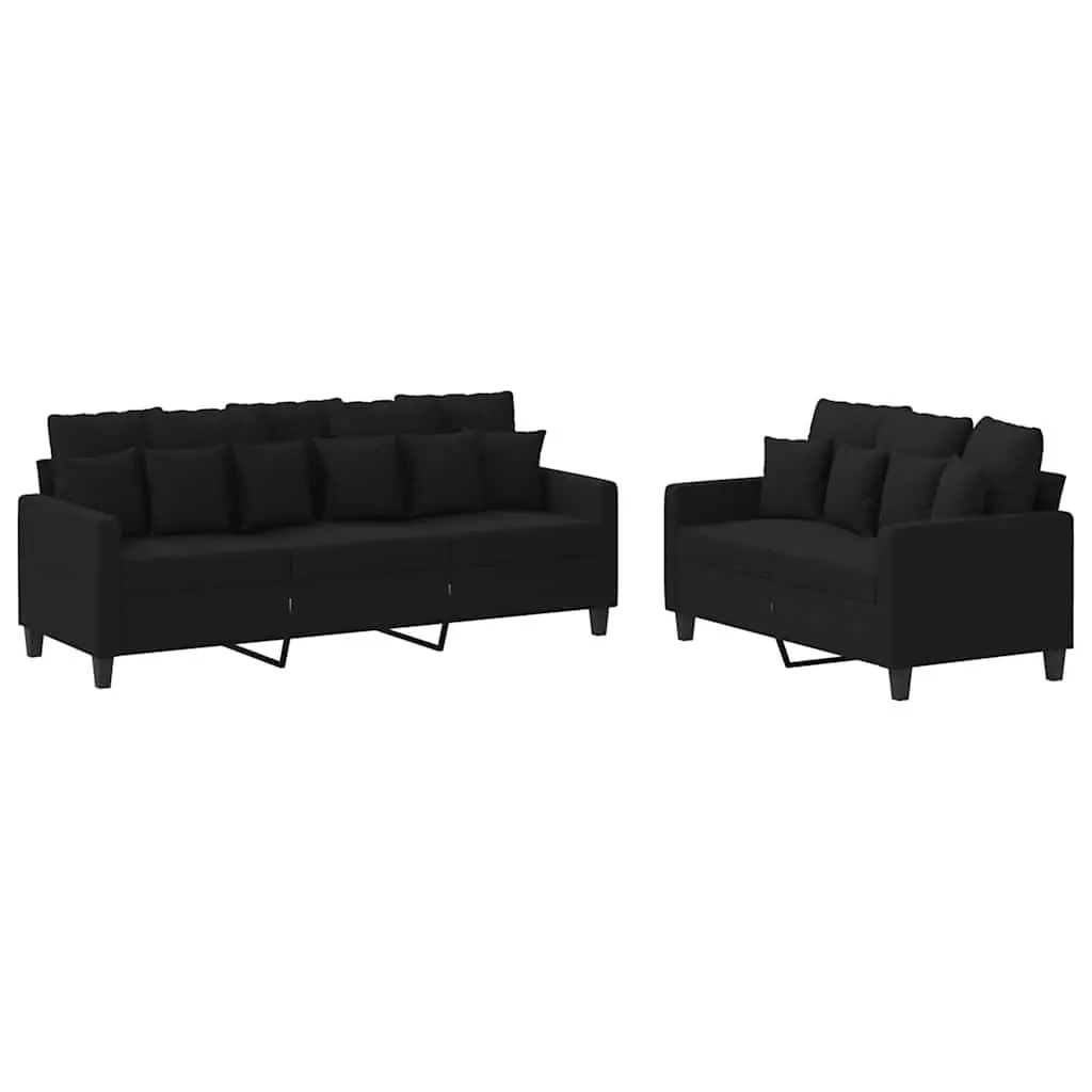 Sofa Set Black Fabric 2 Piece Durable Plywood and Metal Couch Living Room Seating