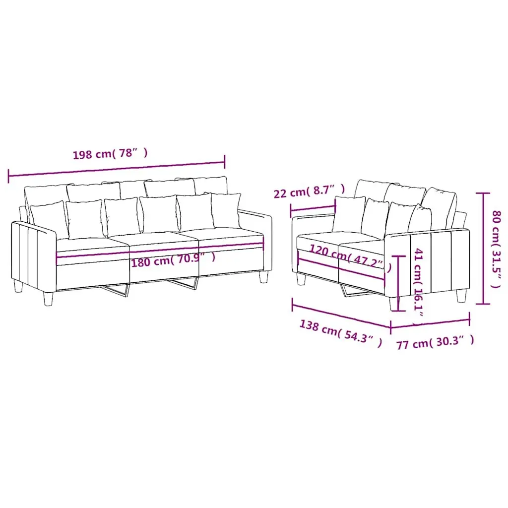 Sofa Set Black Fabric 2 Piece Durable Plywood and Metal Couch Living Room Seating