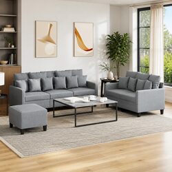 Cozy 3 Piece Grey Fabric Sofa Set with Footstool