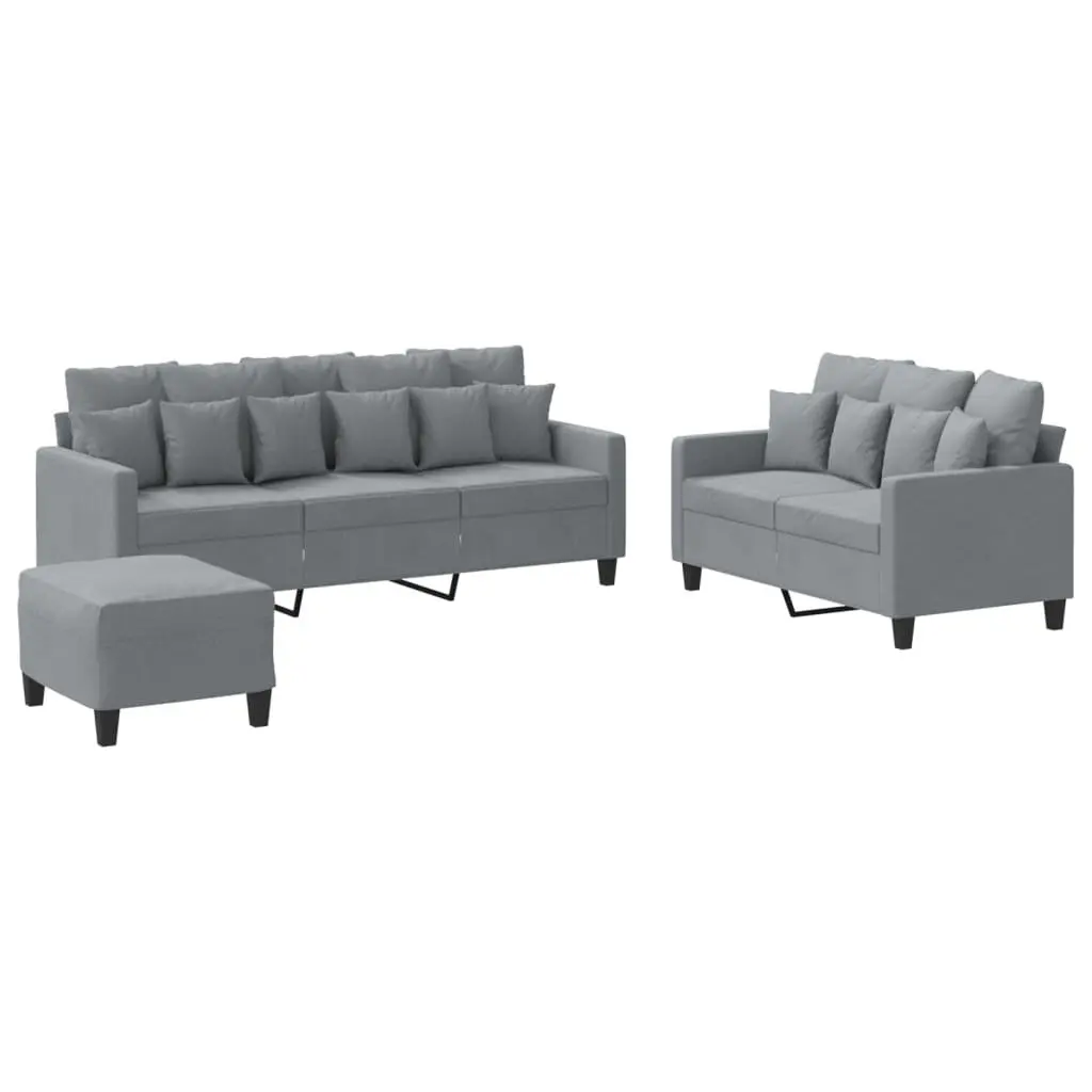 3 Piece Sofa Set with Footstool Grey Fabric Living Room Lounge Seating Suite
