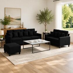 Black Fabric 3 Piece Sofa Set with Cushions and Footstool