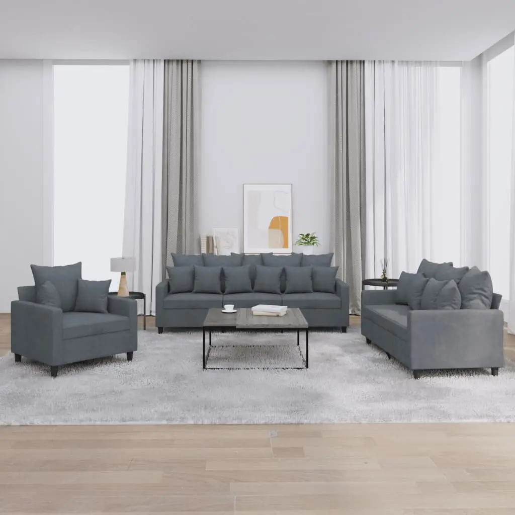 3 Piece Sofa Set Grey Velvet Lounge Suite Comfortable Padded Seating Living Room
