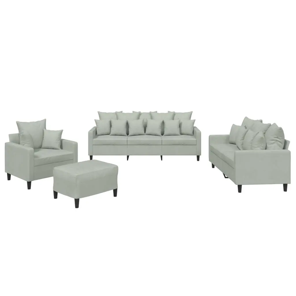 4 Piece Grey Velvet Sofa Set with Cushions Footstool Living Room Furniture