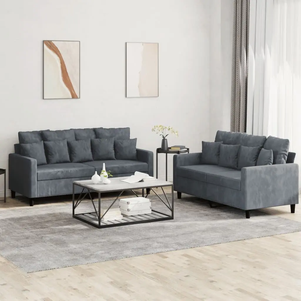 2 Piece Sofa Set Grey Velvet Lounge Suite Comfortable Seating Couch Cushions