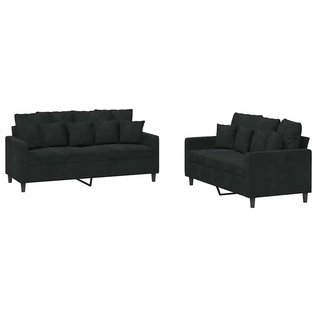 2 Piece Sofa Set Black Velvet Cushions Comfortable Living Room Furniture Chat