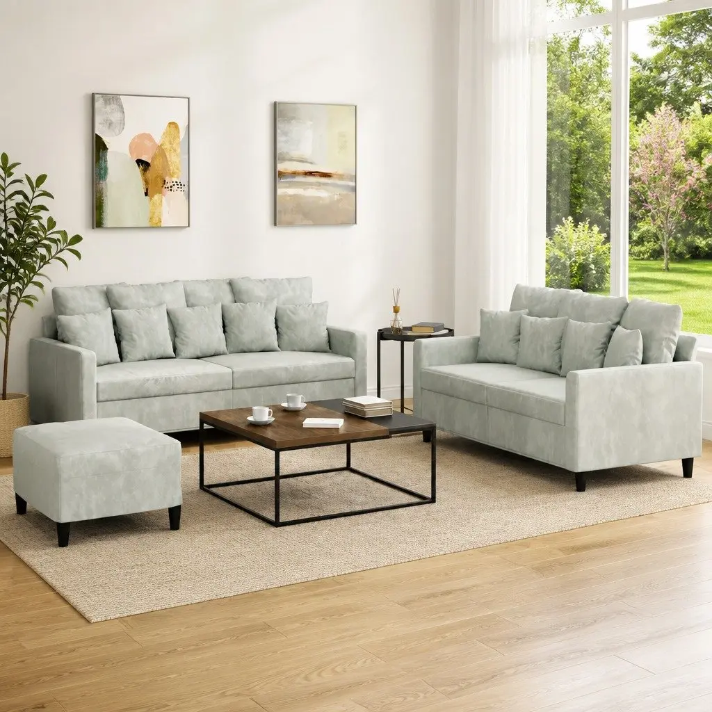 3 Piece Sofa Set Grey Velvet Living Room Furniture Suite