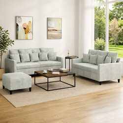 Grey Velvet 3 Piece Sofa Set with Footstool