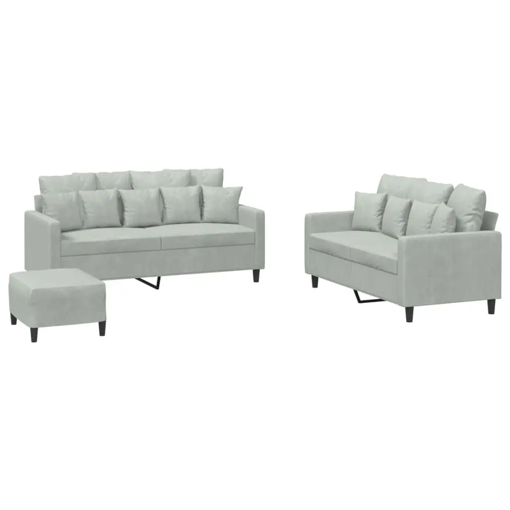 3 Piece Sofa Set Grey Velvet Living Room Furniture Suite