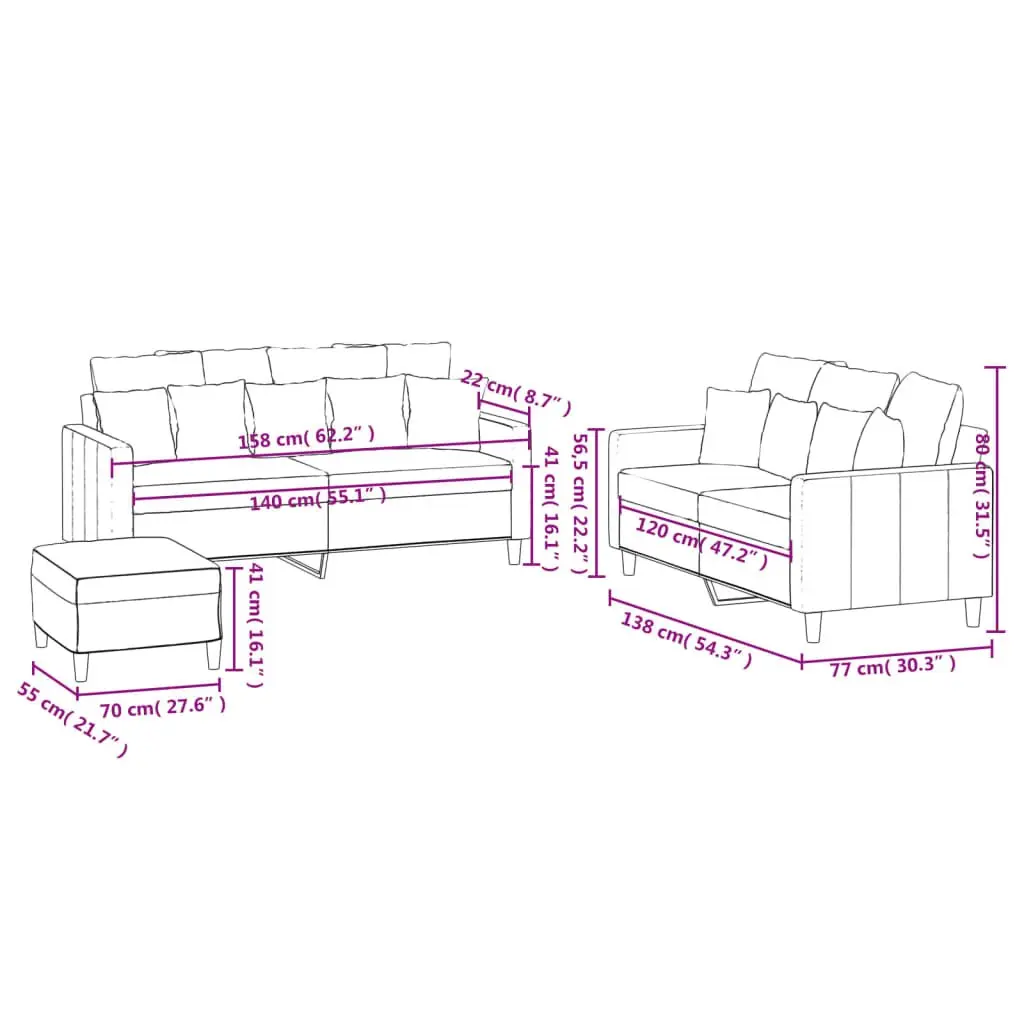 3 Piece Sofa Set Grey Velvet Living Room Furniture Suite
