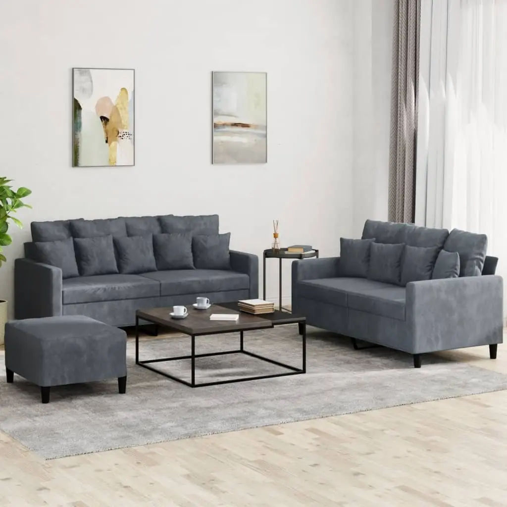 3 Piece Sofa Set Grey Velvet Compact Lounge Suite Plywood and Metal