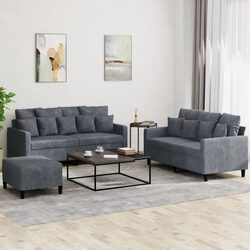 3 Piece Sofa Set with Footstool Cushions Grey Velvet Lounge Suite Living Room