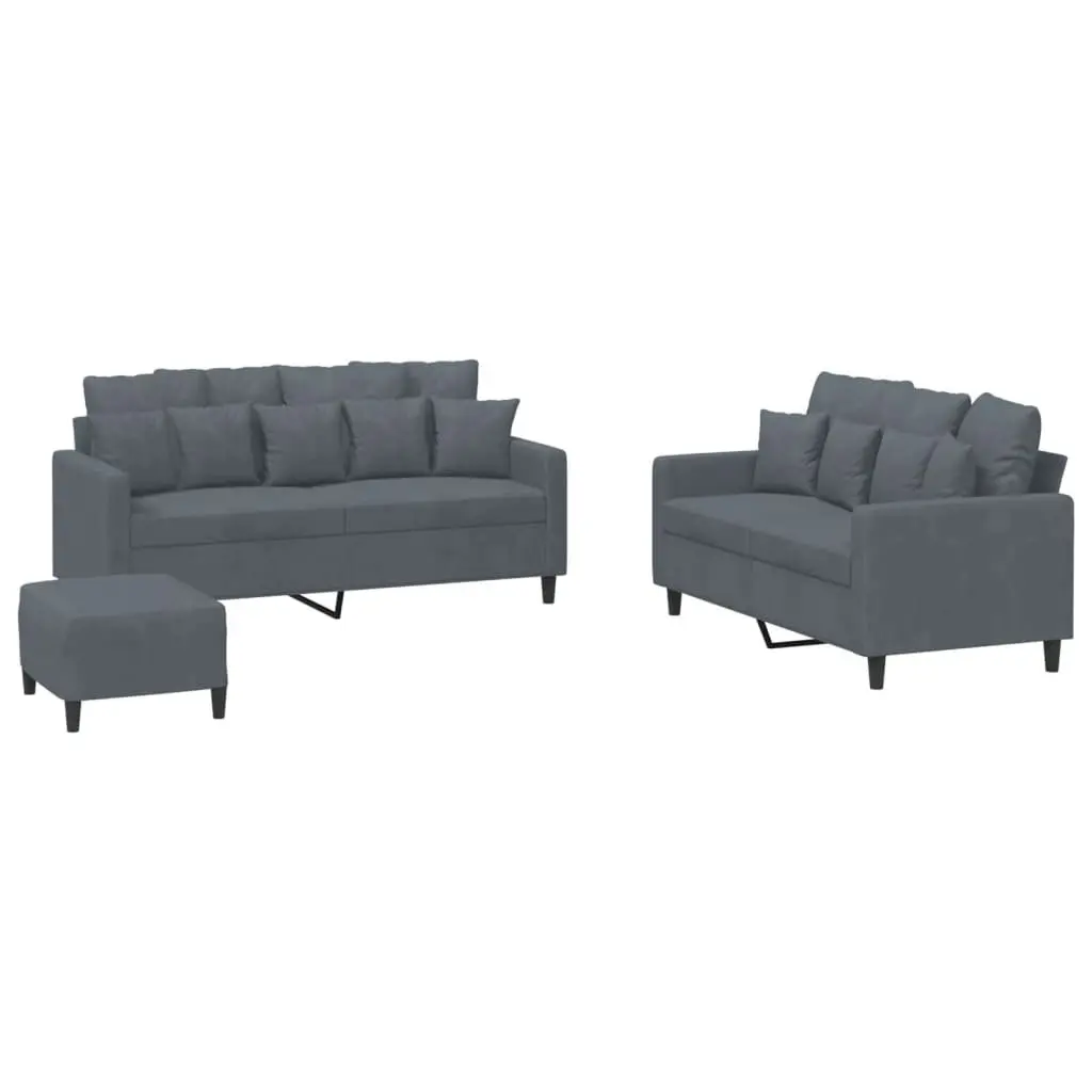 3 Piece Sofa Set Grey Velvet Compact Lounge Suite Plywood and Metal