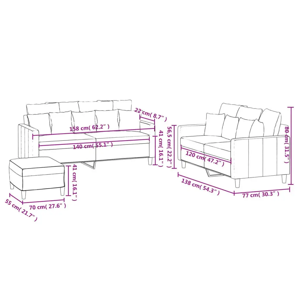 3 Piece Sofa Set Grey Velvet Compact Lounge Suite Plywood and Metal