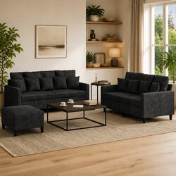 3 Piece Black Velvet Sofa Set with Footstool