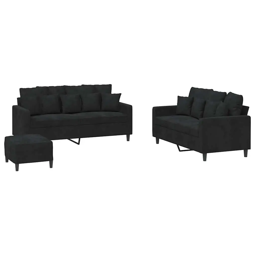 Black Velvet Sofa Set 3 Piece with Cushions and Footstool Living Room Furniture