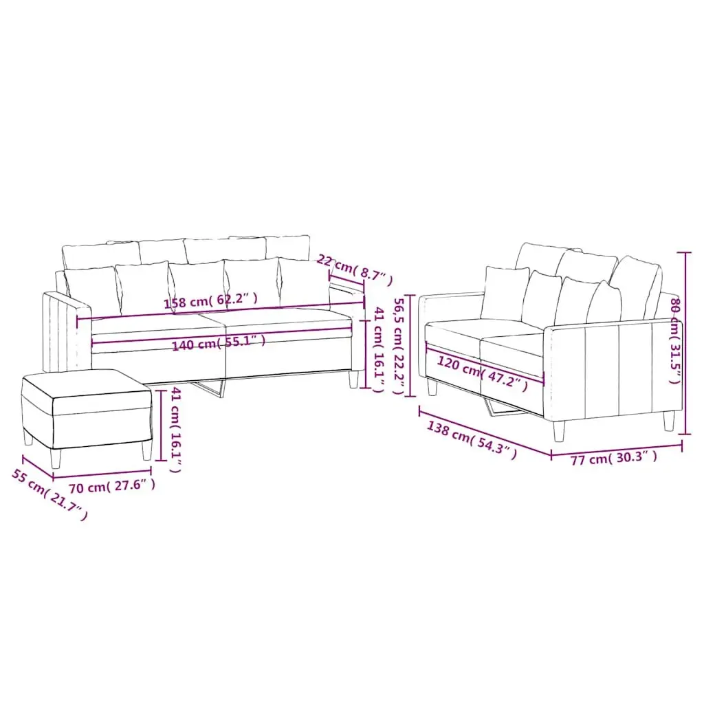 Black Velvet Sofa Set 3 Piece with Cushions and Footstool Living Room Furniture