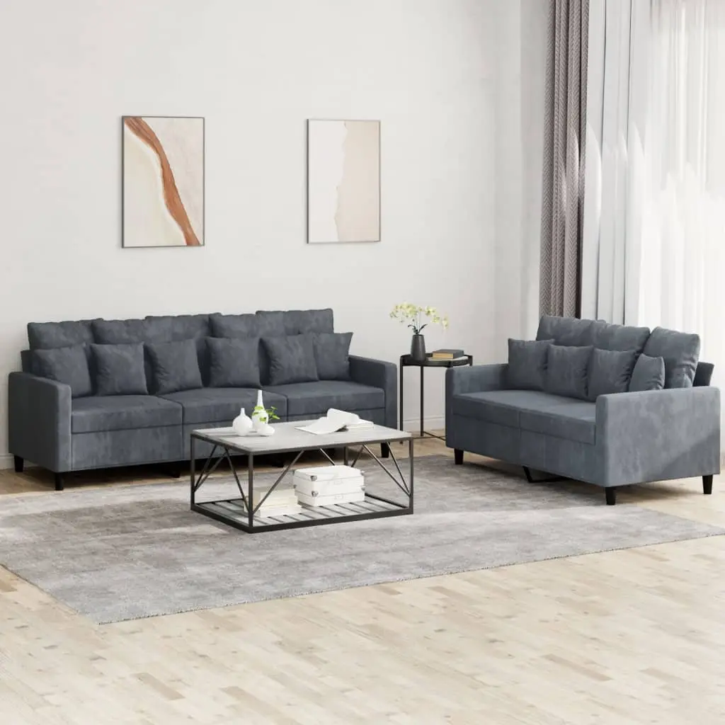 2 Piece Sofa Set Grey Velvet Upholstery Living Room Furniture
