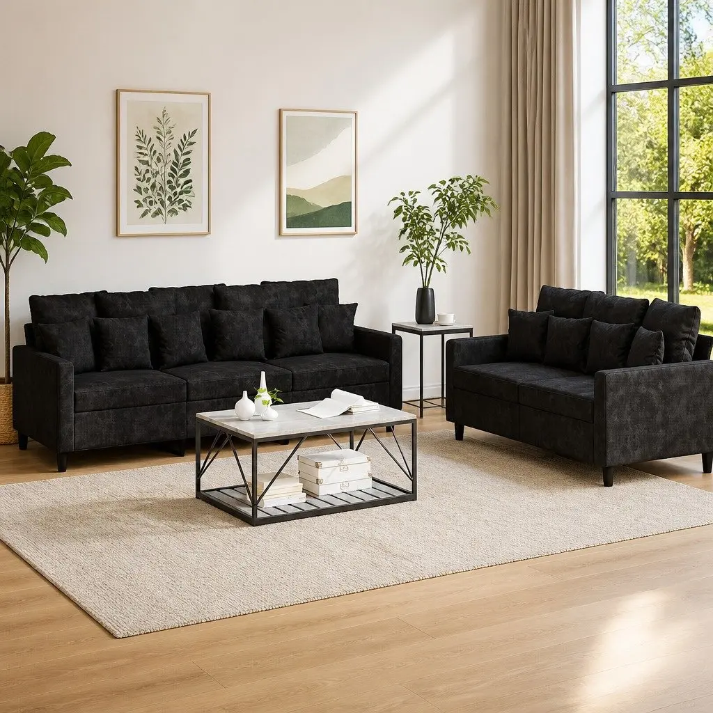 2 Piece Sofa Set with Cushions Black Velvet Comfortable Seating Living Room